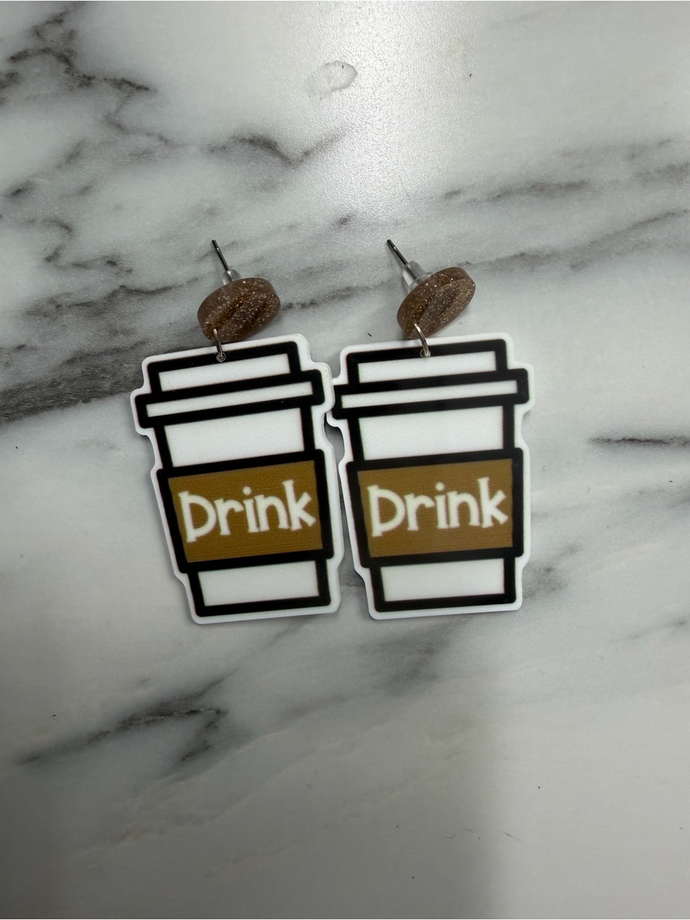 Coffee Cup 'Drink' Acrylic Dangle Earrings - White & Brown